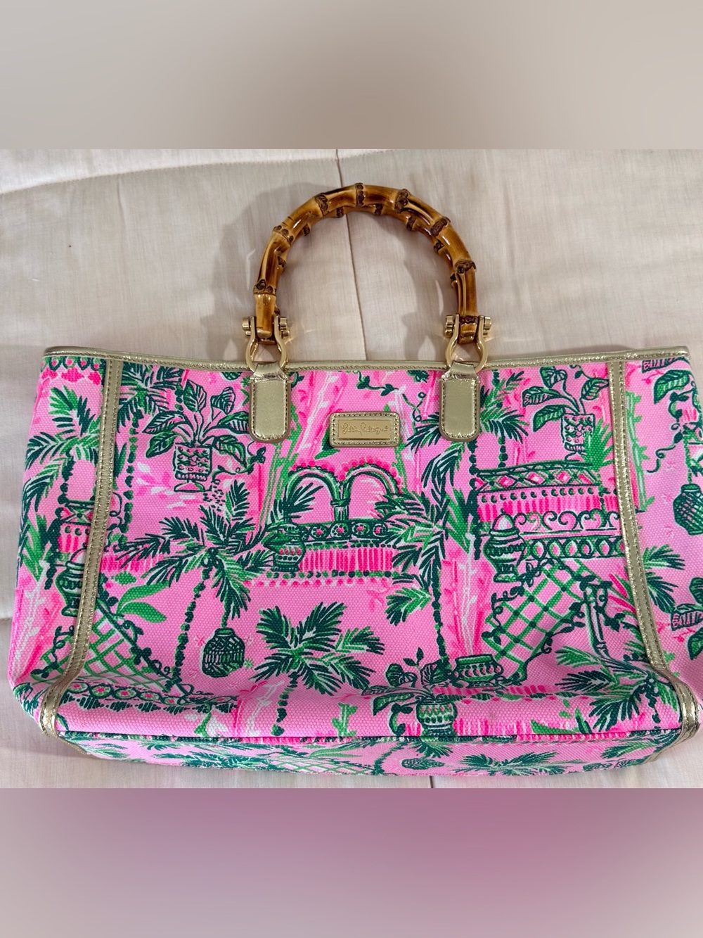 Lilly Pulitzer Greydon Canvas Tote natural bamboo top handles gold hardware EC